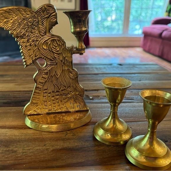 Three Brass Candlesticks Vignette Detailed Carved Angel and Smaller Goblet Style - Picture 1 of 10